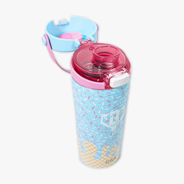 Adult model wearing blue water bottle with "Mesa Sport" design