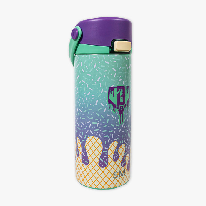 Adult model wearing multi-color water bottle with "Mesa Sport" design