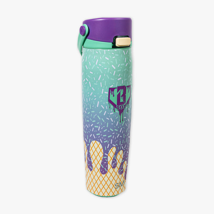 Adult model wearing multi-color water bottle with "Mesa Sport" design
