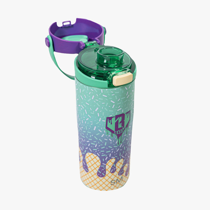 Adult model wearing multi-color water bottle with "Mesa Sport" design