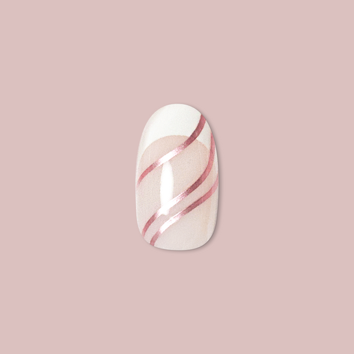 Metallic Linear French - Press-On | Short | Round single false nail with rose gold metallic lines on soft pink background
