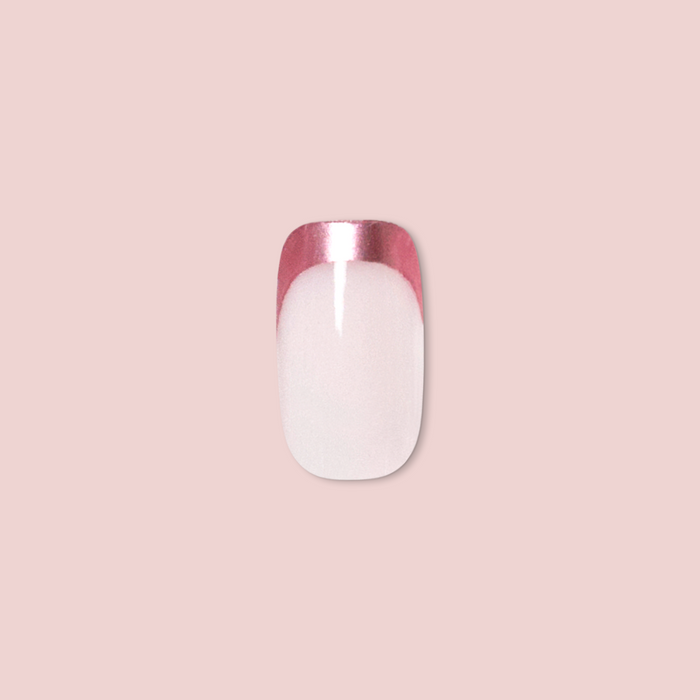 Metallic Matte French - Press-On | Short | Squoval single false nail with glossy metallic pink tip and matte white base on pink background