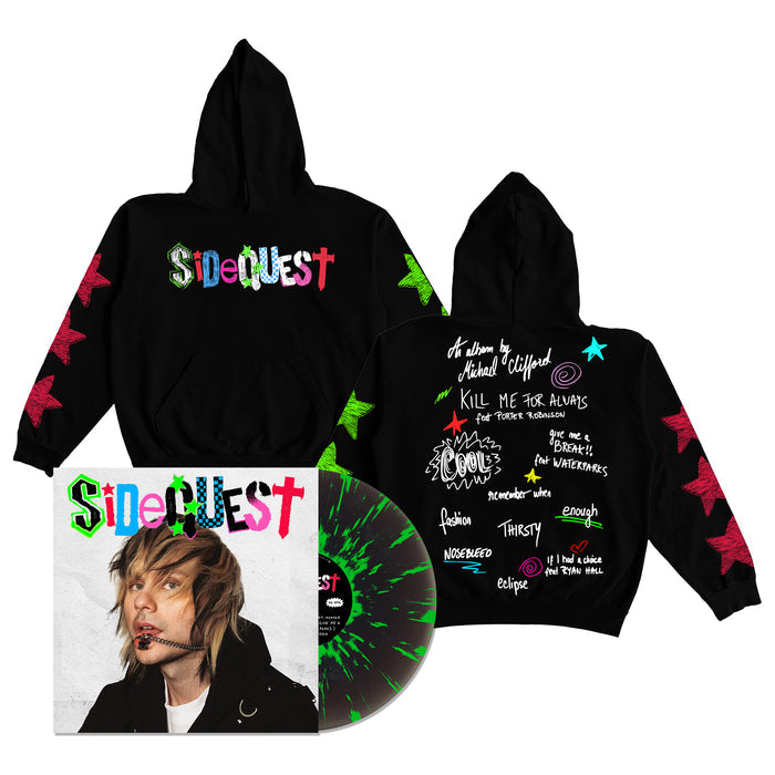 Michael Clifford merchandise set includes a black ASCOLOUR hoodie with colorful “SideQuest” text and back graphic, a SIDEQUEST Black Ice Vinyl (green-black splatter), album cover portrait, and a limited edition sticker sheet.