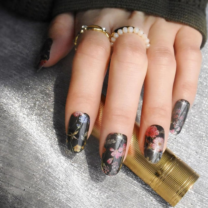 Midnight Bloom Gel Nail Strips on Hand - Black Flower Semicured UV Nail Stickers