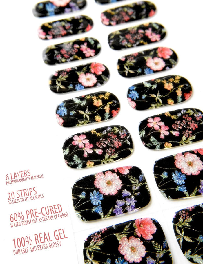 Midnight Bloom Nail Art Detail - Dark Floral UV Gel Nail Wraps Black Flower Design