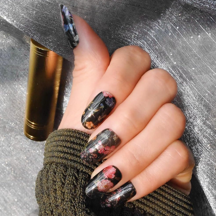 Midnight Bloom Semicured Nail Stickers - Black Floral UV Gel Nail Art Full Cover