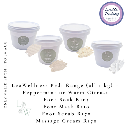 LeoWellness Pedi Range product lineup on a white background, showing four white plastic tubs with round gray labels, several cream-colored product swatches, and text listing included items: Foot Soak R105, Foot Mask R110, Foot Scrub R170, and Massage Cream R170. A circular 'LeoWellness Products' logo appears in the top right, and validity text runs vertically on the left.