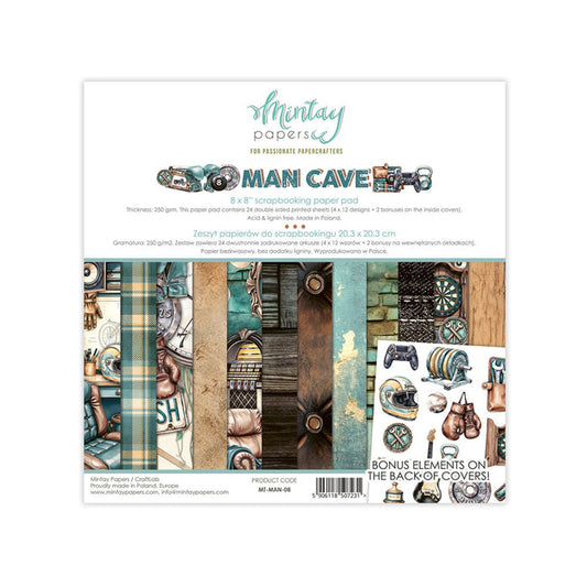 Mintay - 8X8 Paper Pad - Man Cave. A strong masculine vibe, created around hobbies, reflections. Available at Embellish Away in Bowmanville Ontario Canada.