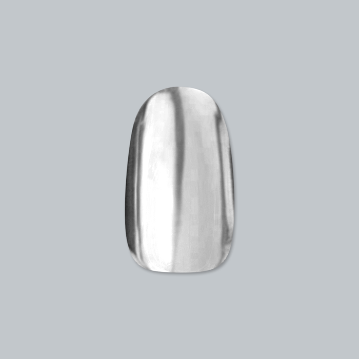 Mirror Chrome - Press-On | Short | Round metallic silver false nail with high-shine mirror finish on gray background