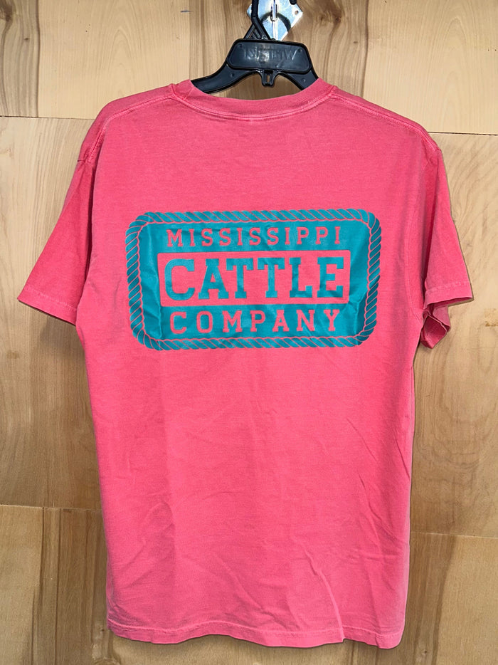 Mississippi Cattle Company Watermelon Short Sleeve Comfort Color T-Shirt wih teal Mississippii Cattle Company silk screened to look like license plate. Back view.