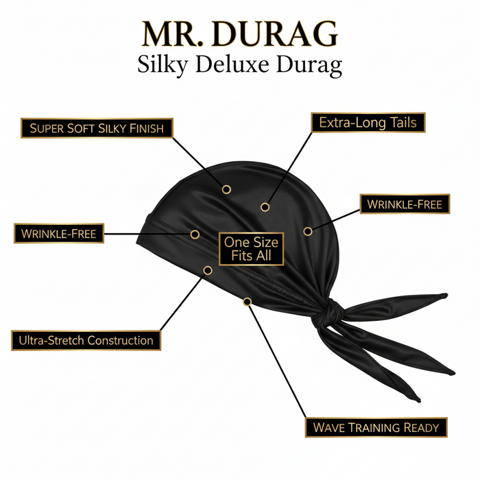 Mr. Durag Premium Deluxe Silky Durag, 1 Count, Black