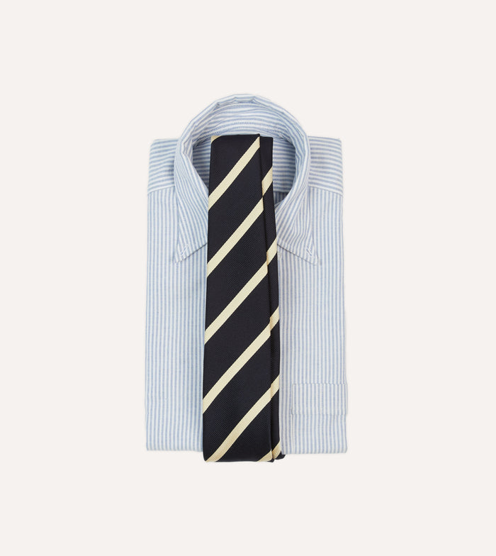 Navy and Ecru Herringbone Bar Stripe Mogador Silk Tipped Tie