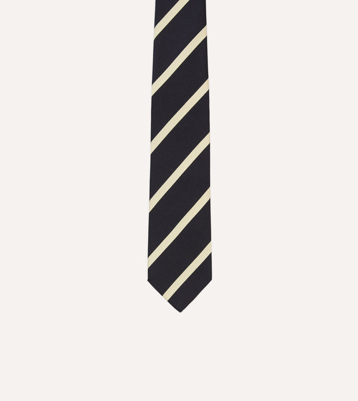Navy and Ecru Herringbone Bar Stripe Mogador Silk Tipped Tie