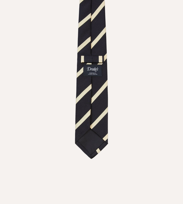 Navy and Ecru Herringbone Bar Stripe Mogador Silk Tipped Tie