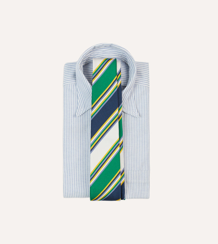 Navy, Green and White Stripe Mogador Silk Tipped Tie