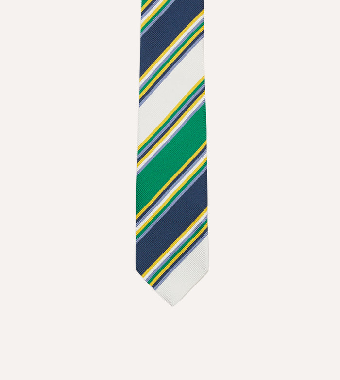 Navy, Green and White Stripe Mogador Silk Tipped Tie