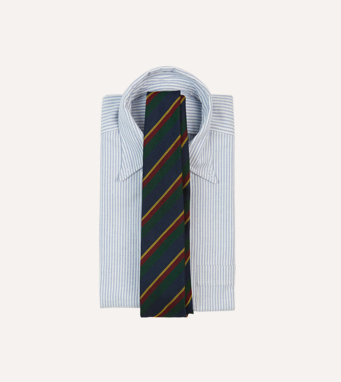 Navy, Green and Yellow Stripe Hand Rolled Silk Grenadine Tie