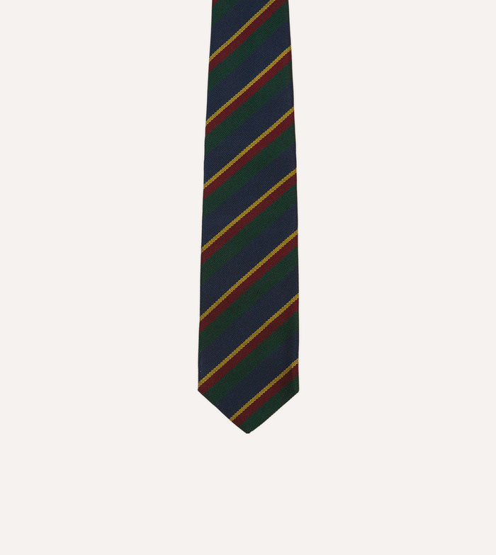 Navy, Green and Yellow Stripe Hand Rolled Silk Grenadine Tie