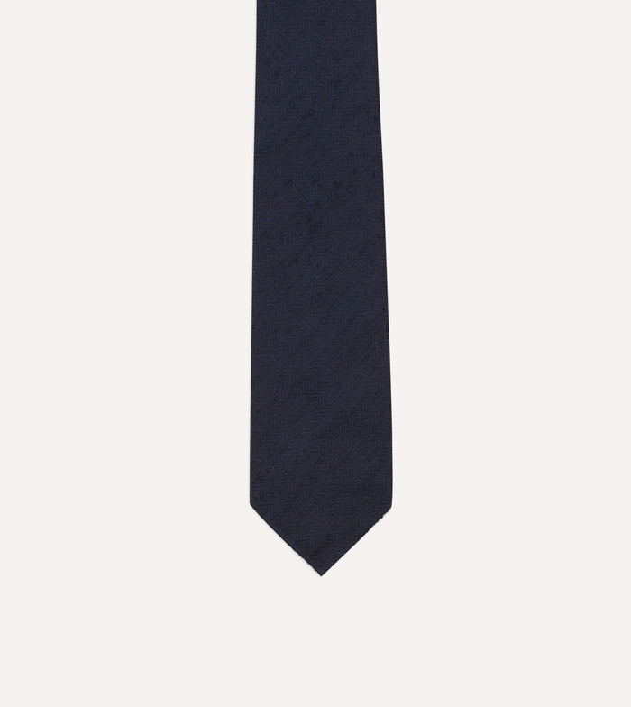 Navy Herringbone Shantung Silk Tipped Tie