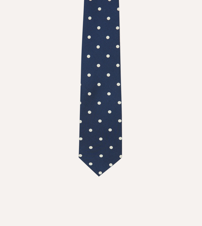 Navy Large Spot Silk Self-Tipped Tie