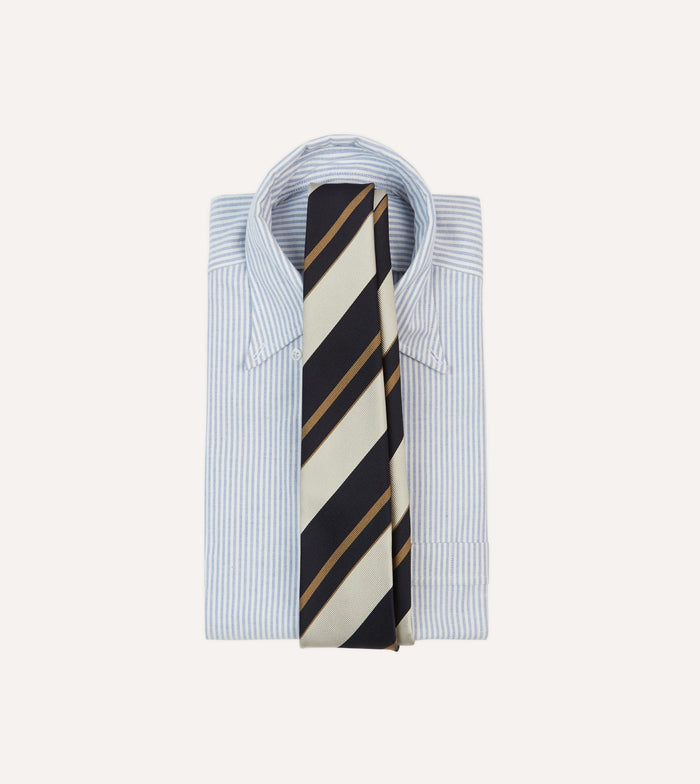 Navy, White and Fawn Stripe Repp Silk Tipped Tie