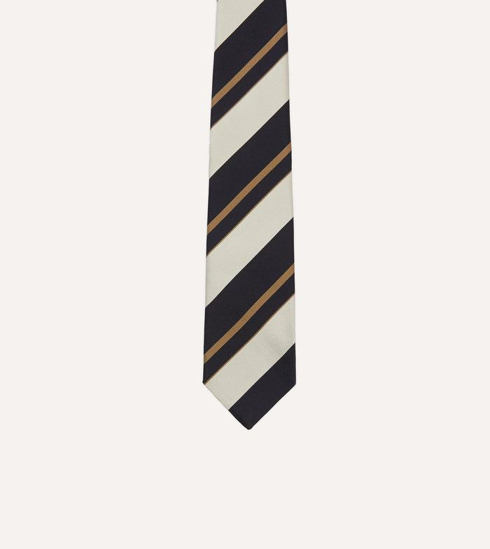 Navy, White and Fawn Stripe Repp Silk Tipped Tie