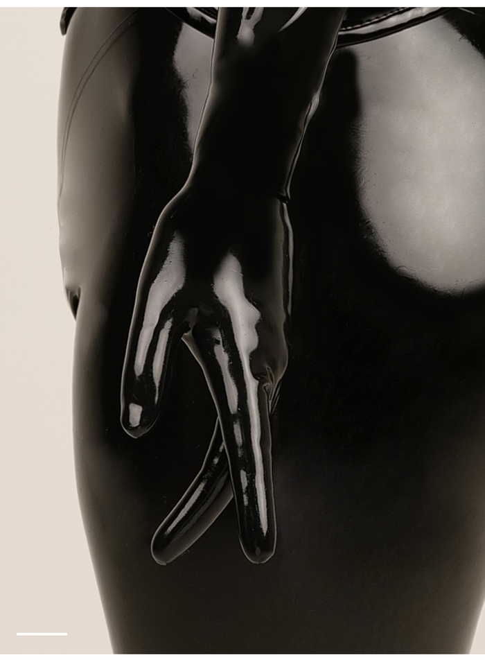 Black NEOGAN GS30 full-length latex gloves by Inthemask for immersive role-play, 35cm length, Malaysian original latex material.