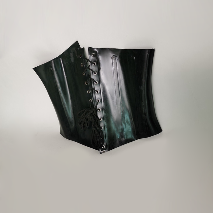 Shiny latex corset with built-in steel supporters from NEOGAN NC10 by Inthemask, featuring a sleek, form-fitting design.