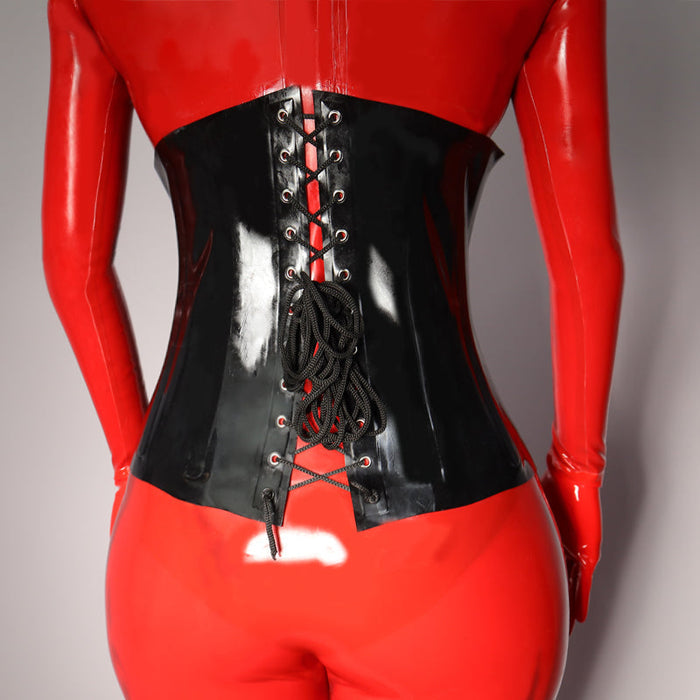 Shiny latex corset with built-in steel supporters from NEOGAN NC10 by Inthemask, featuring a sleek, form-fitting design.