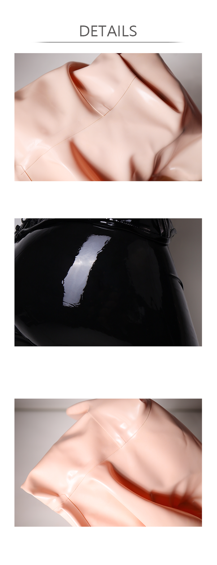 Shiny black NEOGAN NC10 latex corset with built-in steel supporters, featuring a sleek, form-fitting design and supportive structure.