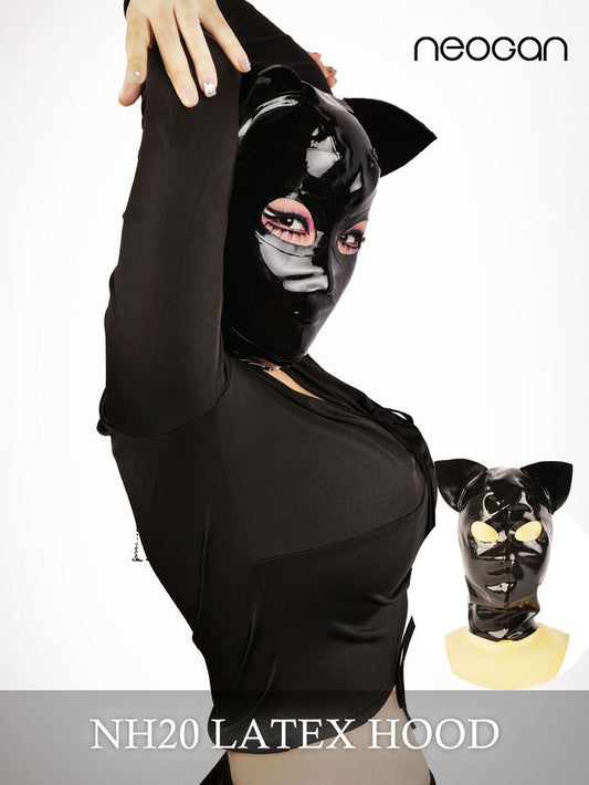 Inthemask by Moli's NEOGAN NH20 latex hood with cute cat ears, black latex material, close-up front view