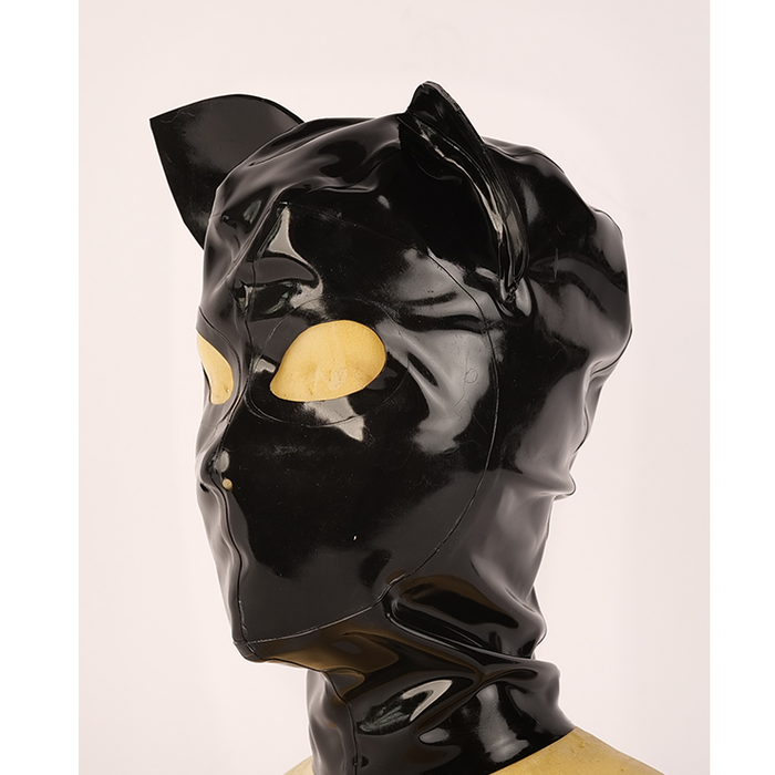 Inthemask by Moli's NEOGAN NH20 latex hood with playful cat ears, made of 0.4mm Malaysian latex, shown on a mannequin.