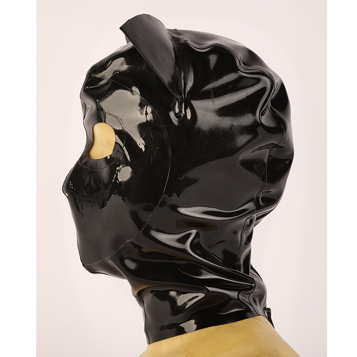 Neogan NH20 latex hood with cat ears by Inthemask, featuring a black rubber design and detailed cat ear accents.
