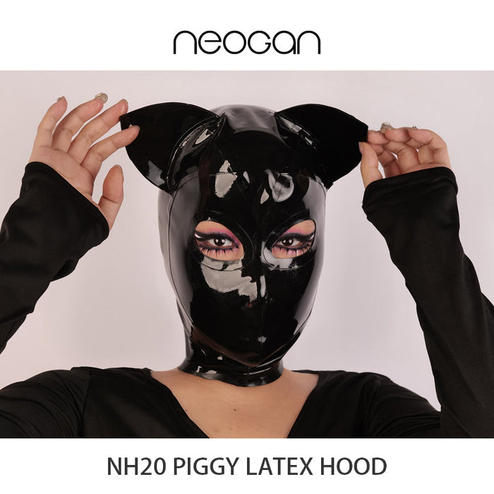 Inthemask by Moli's NEOGAN NH20 latex hood with cat ears, featuring a black rubber design and adjustable fit.