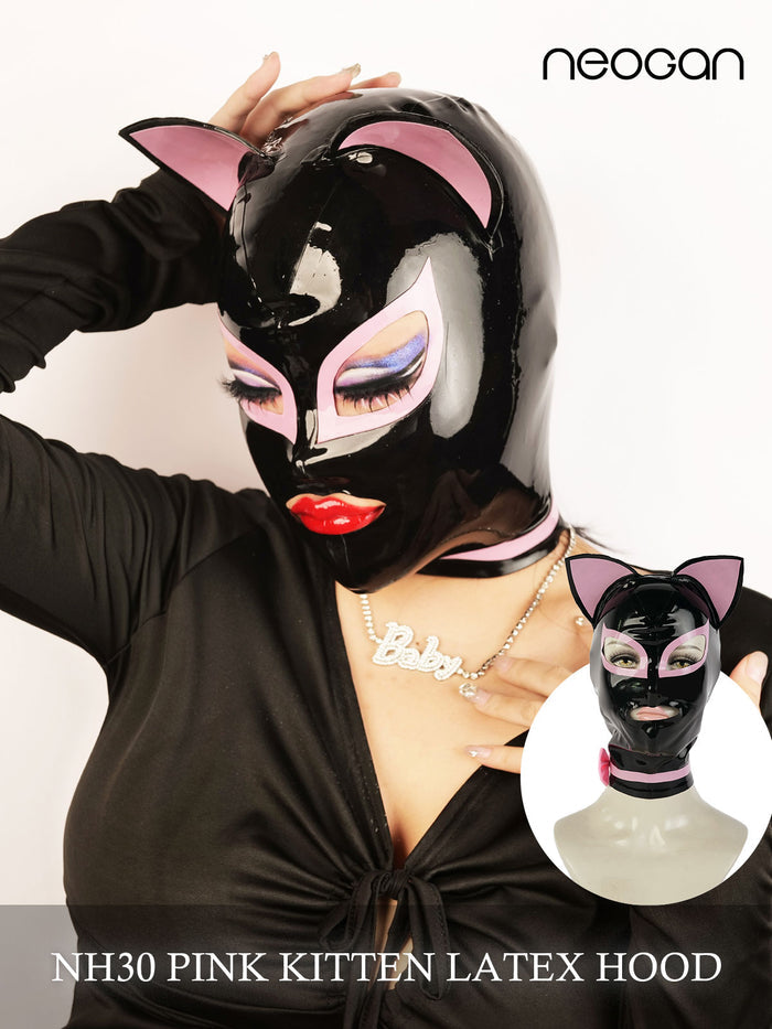 Pink kitten latex hood from the NEOGAN NH30 collection by Inthemask, featuring a snug fit and detailed feline-inspired design.