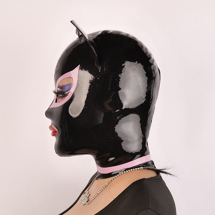 Pink kitten latex hood from NEOGAN NH30 by Inthemask with minimal rubber gag, designed for costume or roleplay use.