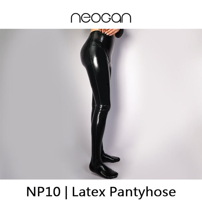 Black shiny latex pantyhose by Inthemask Moli's, NEOGAN NP10, smooth and reflective, close-up of glossy latex material.