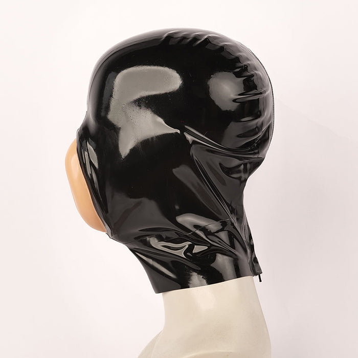 Black rubber latex mask by InTheMask, "The Devourer" with micropores and fake pussy mouth, featuring detailed craftsmanship.