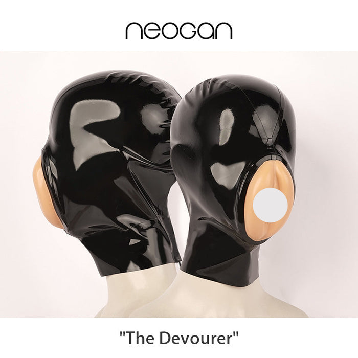 Black latex mask by InTheMask, "The Devourer" with fake pussy mouth and micropores, designed for radical rubber latex costume wear.