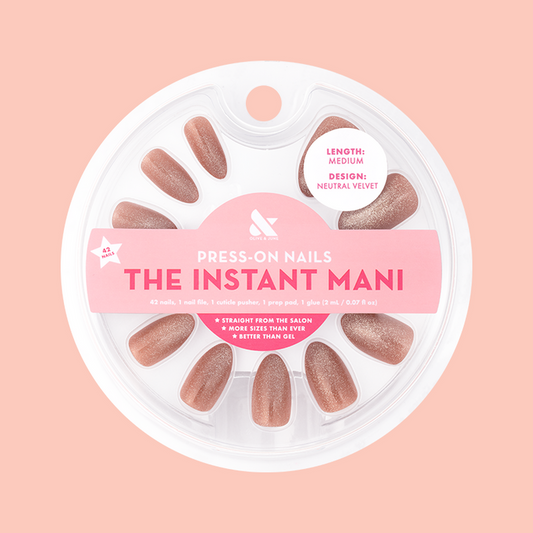 Neutral Velvet - Press-On | Medium | Almond showing round packaging with medium almond press-on nails in brown velvet cateye polish