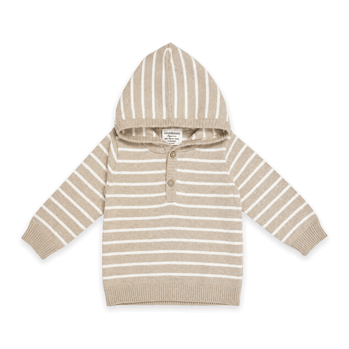 Oat Heather - Stripe Hooded Sweater Knit Baby Pullover made with Organic Cotton