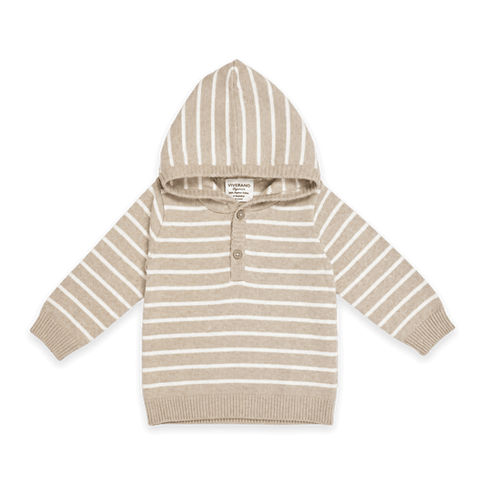 Oat Heather - Stripe Hooded Sweater Knit Baby Pullover made with Organic Cotton