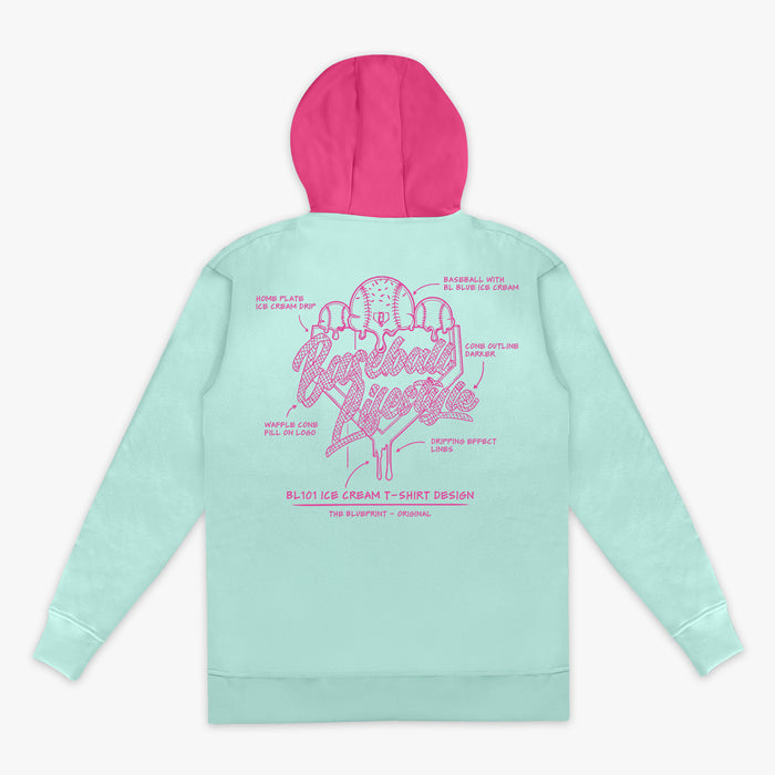 Light blue hoodie with pink hood and BL101 Ice cream graphic design on the back against a white background