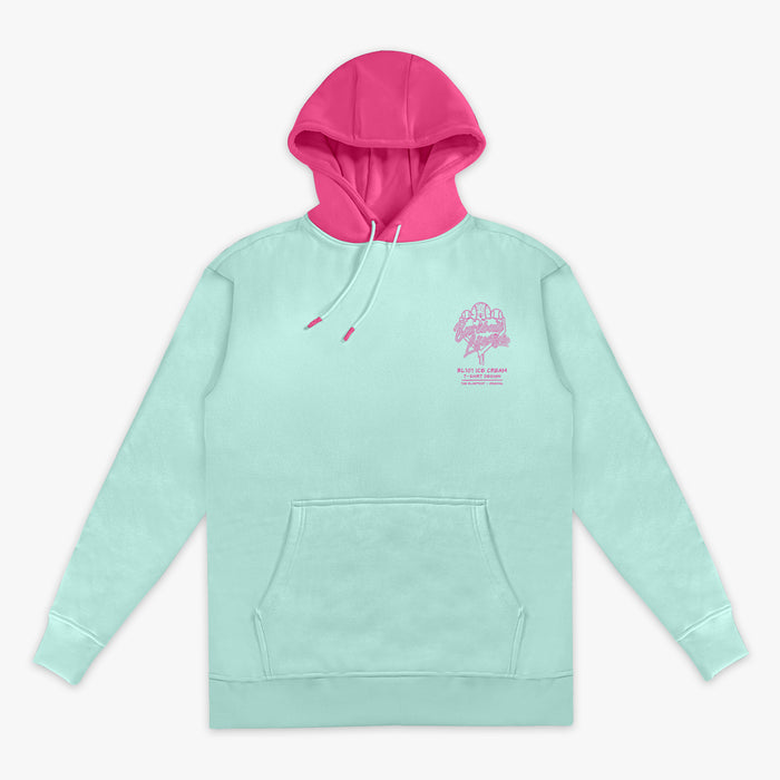 Light blue hoodie with pink hood and pink BL101 Ice cream logo on a white background
