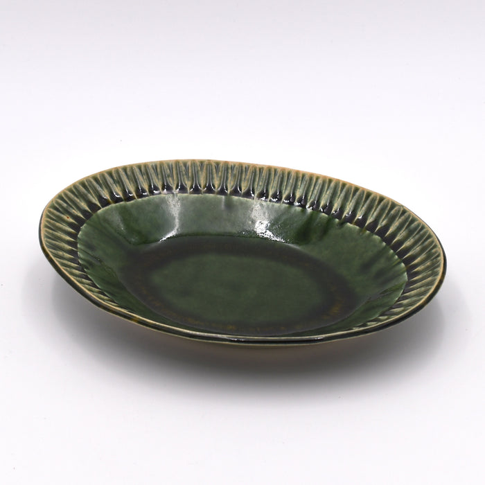 Oribe-Tokusa Shinogi Oval Shallow Bowl