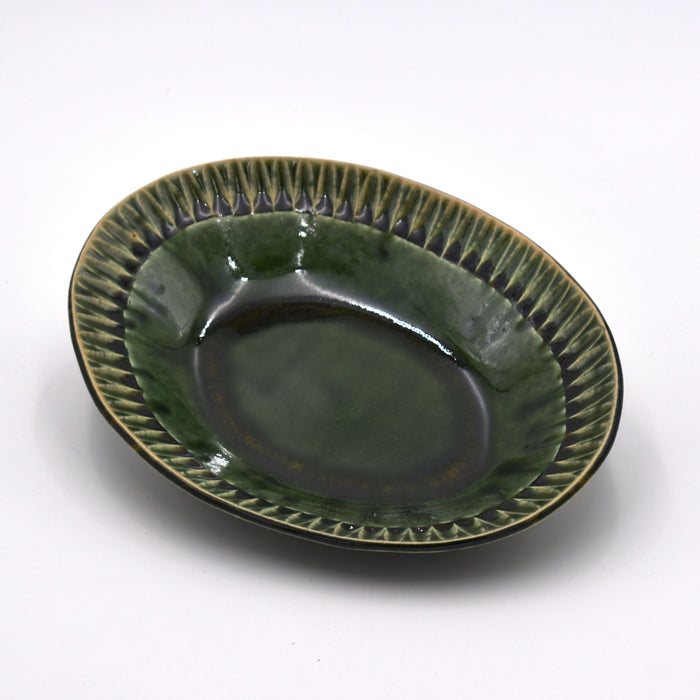 Oribe-Tokusa Shinogi Oval Shallow Bowl