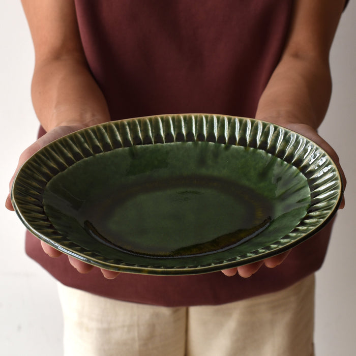 Oribe-Tokusa Shinogi Oval Shallow Bowl