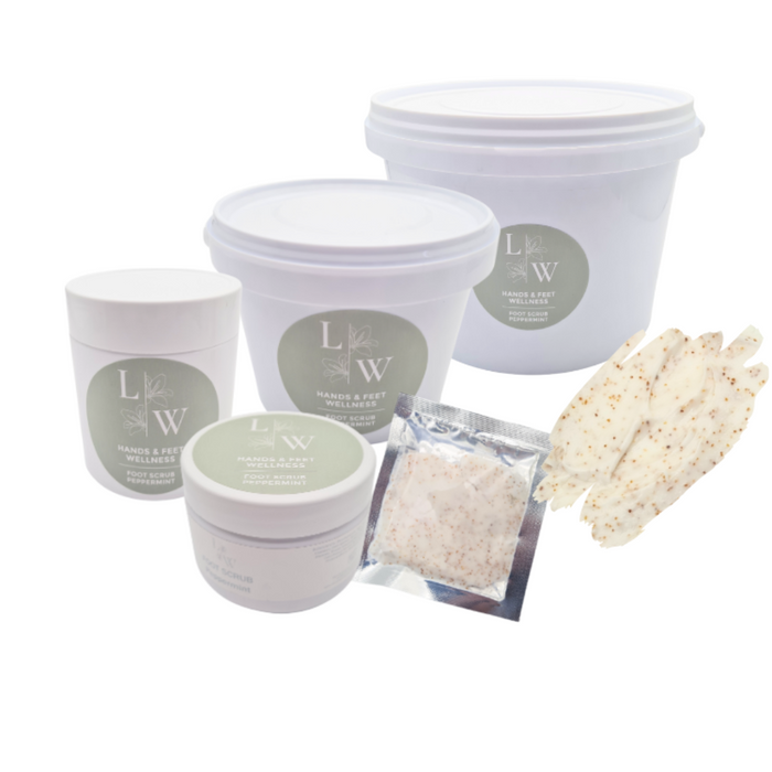 A set of foot scrub products from Leo Wellness, including a small container of warm citrus foot scrub and a sachet of peppermint foot scrub powder.