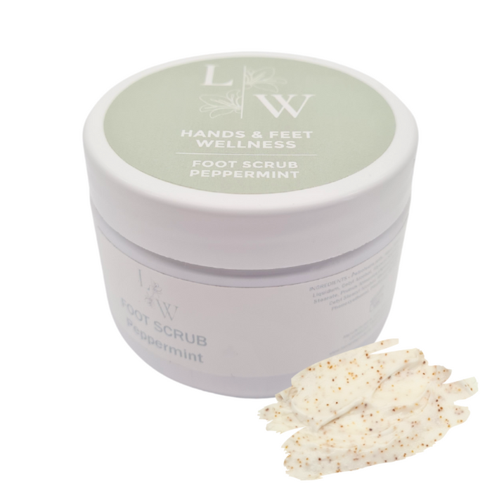 A small container of Leo Wellness warm citrus foot scrub and a swatch clearly showing the products with apricot kernels