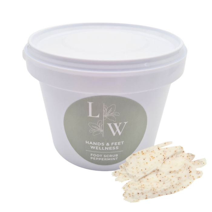 A one litre plastic container of Leo Wellness warm citrus foot scrub and a swatch clearly showing the products with apricot kernels